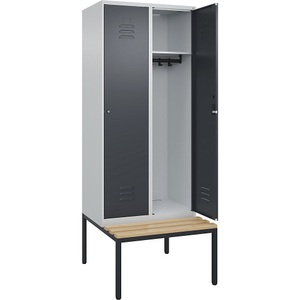 C+P Spind Classic PLUS Sitzbank, 2 Abteile, lichtgrau / grau, B 800 mm, Zylinderschloss, untergebaut, Buche-Hartholz
