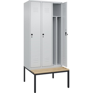 C+P Spind Classic PLUS Sitzbank, 3 Abteile, mittig, lichtgrau, B 900 mm, Sicherheits-Drehriegel, untergebaut, Buche-Hartholz