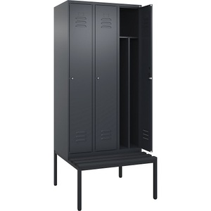 C+P Spind Classic PLUS Sitzbank, 3 Abteile, mittig, grau, B 900 mm, Zylinderschloss, untergebaut, Kunststoff