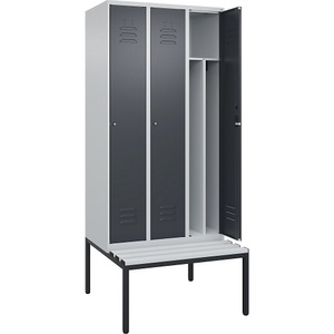 C+P Spind Classic PLUS Sitzbank, 3 Abteile, mittig, lichtgrau / grau, B 900 mm, Zylinderschloss, untergebaut, Kunststoff