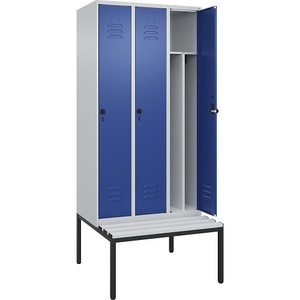 CP, C+P Spind Classic PLUS Sitzbank, 3 Abteile, mittig, lichtgrau / enzianblau, B 900 mm, Sicherheits-Drehriegel, untergebaut, Kunststoff
