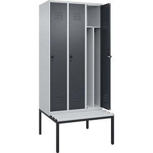C+P Spind Classic PLUS Sitzbank, 3 Abteile, mittig, lichtgrau / grau, B 900 mm, Sicherheits-Drehriegel, untergebaut, Kunststoff