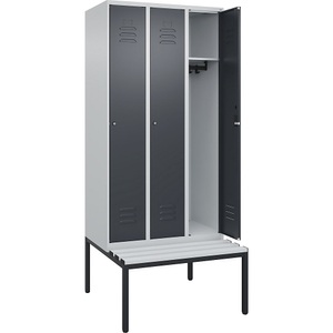 C+P Spind Classic PLUS Sitzbank, 3 Abteile, lichtgrau / grau, B 900 mm, Zylinderschloss, untergebaut, Kunststoff