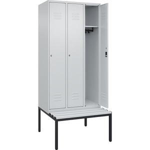 C+P Spind Classic PLUS Sitzbank, 3 Abteile, lichtgrau, B 900 mm, Zylinderschloss, untergebaut, Kunststoff