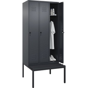 C+P Spind Classic PLUS Sitzbank, 3 Abteile, grau, B 900 mm, Sicherheits-Drehriegel, untergebaut, Kunststoff
