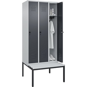 C+P Spind Classic PLUS Sitzbank, 3 Abteile, lichtgrau / grau, B 900 mm, Sicherheits-Drehriegel, untergebaut, Kunststoff