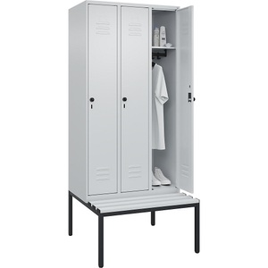 C+P Spind Classic PLUS Sitzbank, 3 Abteile, lichtgrau, B 900 mm, Sicherheits-Drehriegel, untergebaut, Kunststoff