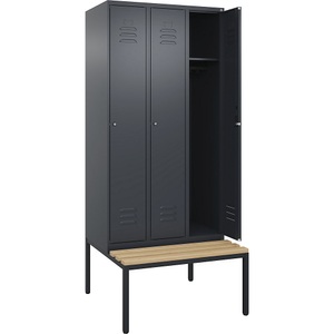 C+P Spind Classic PLUS Sitzbank, 3 Abteile, grau, B 900 mm, Zylinderschloss, untergebaut, Buche-Hartholz