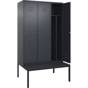 CP, C+P Spind Classic PLUS Sitzbank, 3 Abteile, mittig, grau, B 1200 mm, Zylinderschloss, untergebaut, Kunststoff