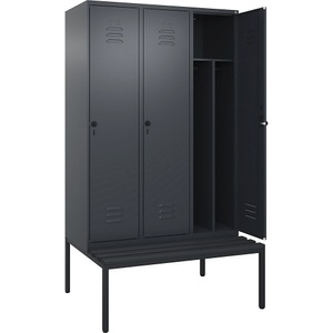 C+P Spind Classic PLUS Sitzbank, 3 Abteile, mittig, grau, B 1200 mm, Sicherheits-Drehriegel, untergebaut, Kunststoff