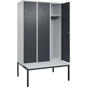 CP, C+P Spind Classic PLUS Sitzbank, 3 Abteile, lichtgrau / grau, B 1200 mm, Zylinderschloss, untergebaut, Kunststoff