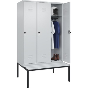 CP, C+P Spind Classic PLUS Sitzbank, 3 Abteile, lichtgrau, B 1200 mm, Sicherheits-Drehriegel, untergebaut, Kunststoff