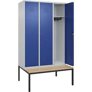 C+P Spind Classic PLUS Sitzbank, 3 Abteile, lichtgrau / enzianblau, B 1200 mm, Zylinderschloss, untergebaut, Buche-Hartholz
