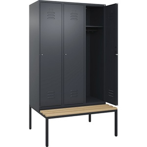 C+P Spind Classic PLUS Sitzbank, 3 Abteile, grau, B 1200 mm, Zylinderschloss, untergebaut, Buche-Hartholz