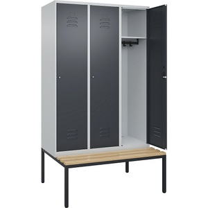 C+P Spind Classic PLUS Sitzbank, 3 Abteile, lichtgrau / grau, B 1200 mm, Zylinderschloss, untergebaut, Buche-Hartholz