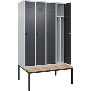 C+P Spind Classic PLUS Sitzbank, 4 Abteile, mittig, lichtgrau / grau, B 1200 mm, Sicherheits-Drehriegel, untergebaut, Buche-Hartholz