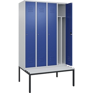 CP, C+P Spind Classic PLUS Sitzbank, 4 Abteile, mittig, lichtgrau / enzianblau, B 1200 mm, Zylinderschloss, untergebaut, Kunststoff