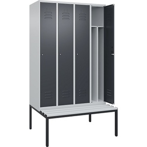 C+P Spind Classic PLUS Sitzbank, 4 Abteile, mittig, lichtgrau / grau, B 1200 mm, Zylinderschloss, untergebaut, Kunststoff