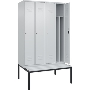 C+P Spind Classic PLUS Sitzbank, 4 Abteile, mittig, lichtgrau, B 1200 mm, Zylinderschloss, untergebaut, Kunststoff