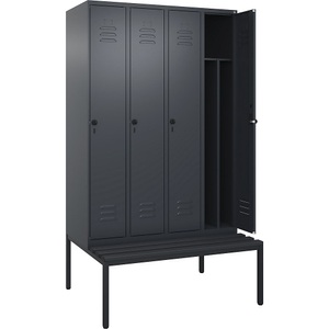 C+P Spind Classic PLUS Sitzbank, 4 Abteile, mittig, grau, B 1200 mm, Sicherheits-Drehriegel, untergebaut, Kunststoff
