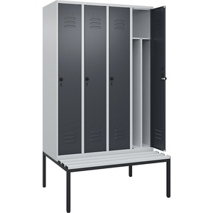 C+P Spind Classic PLUS Sitzbank, 4 Abteile, mittig, lichtgrau / grau, B 1200 mm, Sicherheits-Drehriegel, untergebaut, Kunststoff