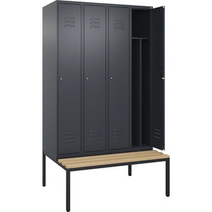 C+P Spind Classic PLUS Sitzbank, 4 Abteile, mittig, grau, B 1200 mm, Zylinderschloss, untergebaut, Buche-Hartholz