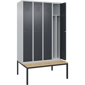 C+P Spind Classic PLUS Sitzbank, 4 Abteile, mittig, lichtgrau / grau, B 1200 mm, Zylinderschloss, untergebaut, Buche-Hartholz