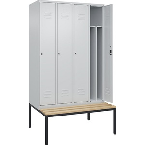 C+P Spind Classic PLUS Sitzbank, 4 Abteile, mittig, lichtgrau, B 1200 mm, Zylinderschloss, untergebaut, Buche-Hartholz