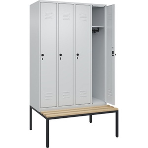 C+P Spind Classic PLUS Sitzbank, 4 Abteile, lichtgrau, B 1200 mm, Sicherheits-Drehriegel, untergebaut, Buche-Hartholz