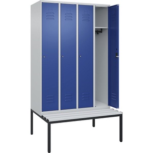 CP, C+P Spind Classic PLUS Sitzbank, 4 Abteile, lichtgrau / enzianblau, B 1200 mm, Zylinderschloss, untergebaut, Kunststoff