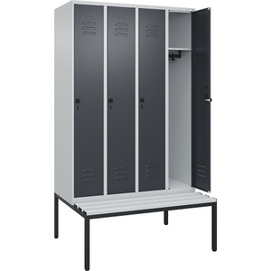 C+P Spind Classic PLUS Sitzbank, 4 Abteile, lichtgrau / grau, B 1200 mm, Sicherheits-Drehriegel, untergebaut, Kunststoff