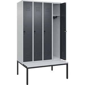 CP, C+P Spind Classic PLUS Sitzbank, 4 Abteile, lichtgrau / grau, B 1200 mm, Sicherheits-Drehriegel, untergebaut, Kunststoff