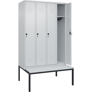 C+P Spind Classic PLUS Sitzbank, 4 Abteile, lichtgrau, B 1200 mm, Sicherheits-Drehriegel, untergebaut, Kunststoff