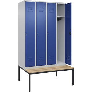 C+P Spind Classic PLUS Sitzbank, 4 Abteile, lichtgrau / enzianblau, B 1200 mm, Zylinderschloss, untergebaut, Buche-Hartholz