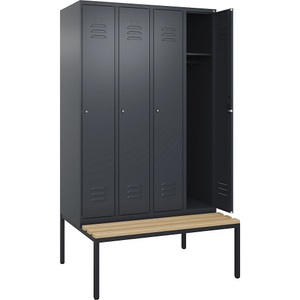 C+P Spind Classic PLUS Sitzbank, 4 Abteile, grau, B 1200 mm, Zylinderschloss, untergebaut, Buche-Hartholz
