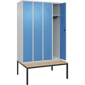 C+P Spind Classic PLUS Sitzbank, 4 Abteile, lichtgrau / lichtblau, B 1200 mm, Zylinderschloss, untergebaut, Buche-Hartholz