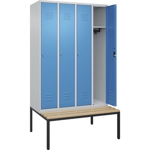 CP, C+P Spind Classic PLUS Sitzbank, 4 Abteile, lichtgrau / lichtblau, B 1200 mm, Zylinderschloss, untergebaut, Buche-Hartholz
