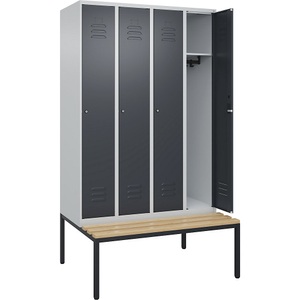 C+P Spind Classic PLUS Sitzbank, 4 Abteile, lichtgrau / grau, B 1200 mm, Zylinderschloss, untergebaut, Buche-Hartholz