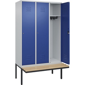 C+P Spind Classic PLUS Sitzbank, 3 Abteile, lichtgrau / enzianblau, B 1200 mm, Zylinderschloss, auskragend, Buche-Hartholz