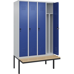 C+P Spind Classic PLUS Sitzbank, 4 Abteile, mittig, lichtgrau / enzianblau, B 1200 mm, Sicherheits-Drehriegel, auskragend, Buche-Hartholz
