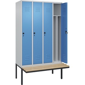 CP, C+P Spind Classic PLUS Sitzbank, 4 Abteile, mittig, lichtgrau / lichtblau, B 1200 mm, Sicherheits-Drehriegel, auskragend, Buche-Hartholz, C+P Spind Classic PLUS Sitzbank, 4 Abteile, Trennwand mittig, lichtgrau / lichtblau, B 1200 mm, Sicherheits-Drehriegel, auskragend, Buche-Hartholz