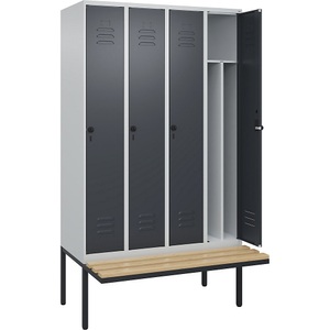 C+P Spind Classic PLUS Sitzbank, 4 Abteile, mittig, lichtgrau / grau, B 1200 mm, Sicherheits-Drehriegel, auskragend, Buche-Hartholz