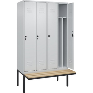 C+P Spind Classic PLUS Sitzbank, 4 Abteile, mittig, lichtgrau, B 1200 mm, Sicherheits-Drehriegel, auskragend, Buche-Hartholz