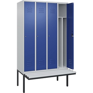 C+P Spind Classic PLUS Sitzbank, 4 Abteile, mittig, lichtgrau / enzianblau, B 1200 mm, Zylinderschloss, auskragend, Kunststoff