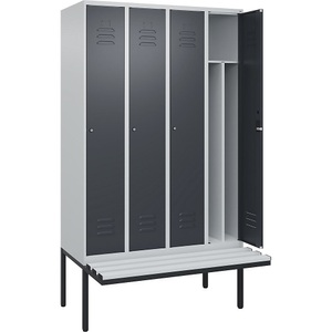 C+P Spind Classic PLUS Sitzbank, 4 Abteile, mittig, lichtgrau / grau, B 1200 mm, Zylinderschloss, auskragend, Kunststoff