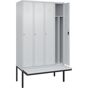 C+P Spind Classic PLUS Sitzbank, 4 Abteile, mittig, lichtgrau, B 1200 mm, Zylinderschloss, auskragend, Kunststoff