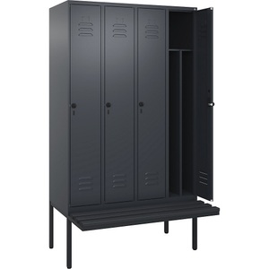 C+P Spind Classic PLUS Sitzbank, 4 Abteile, mittig, grau, B 1200 mm, Sicherheits-Drehriegel, auskragend, Kunststoff