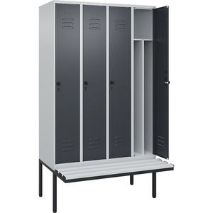 CP, C+P Spind Classic PLUS Sitzbank, 4 Abteile, mittig, lichtgrau / grau, B 1200 mm, Sicherheits-Drehriegel, auskragend, Kunststoff