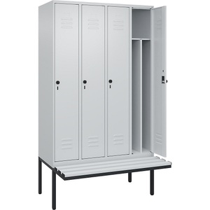 C+P Spind Classic PLUS Sitzbank, 4 Abteile, mittig, lichtgrau, B 1200 mm, Sicherheits-Drehriegel, auskragend, Kunststoff