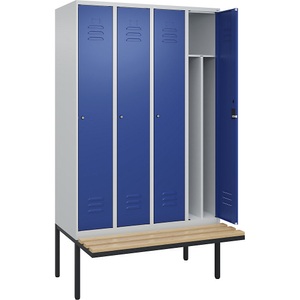 C+P Spind Classic PLUS Sitzbank, 4 Abteile, mittig, lichtgrau / enzianblau, B 1200 mm, Zylinderschloss, auskragend, Buche-Hartholz